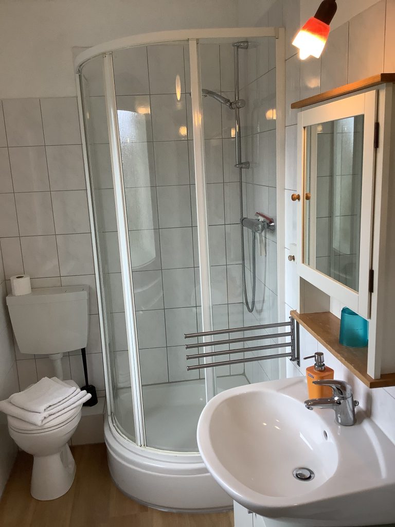 Badezimmer mit Dusche und Waschbecken