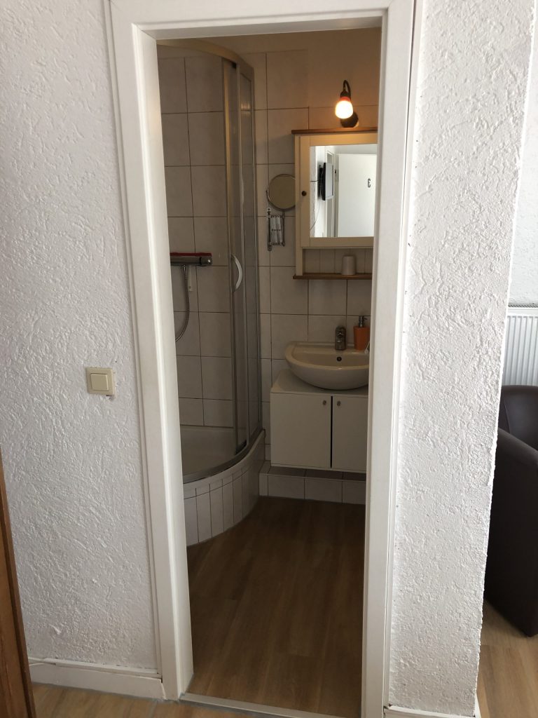 Badezimmer mit Dusche und Spiegel