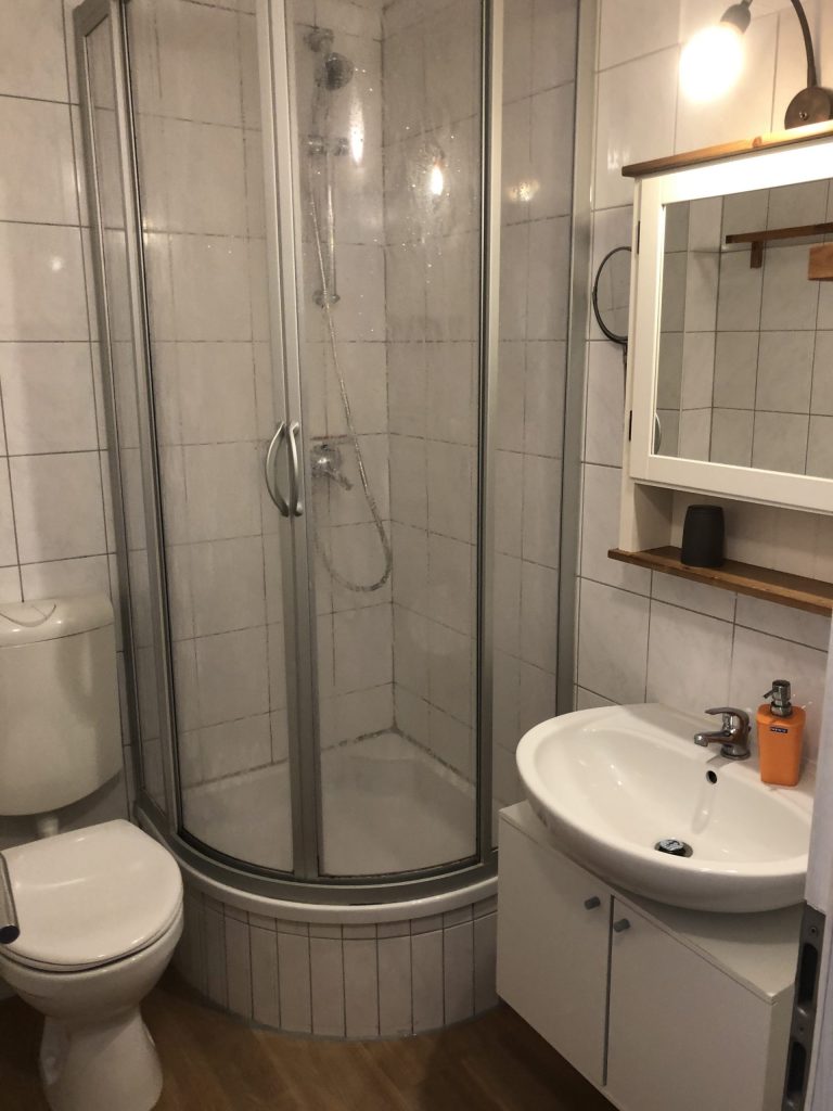 Badezimmer mit Dusche und Waschbecken